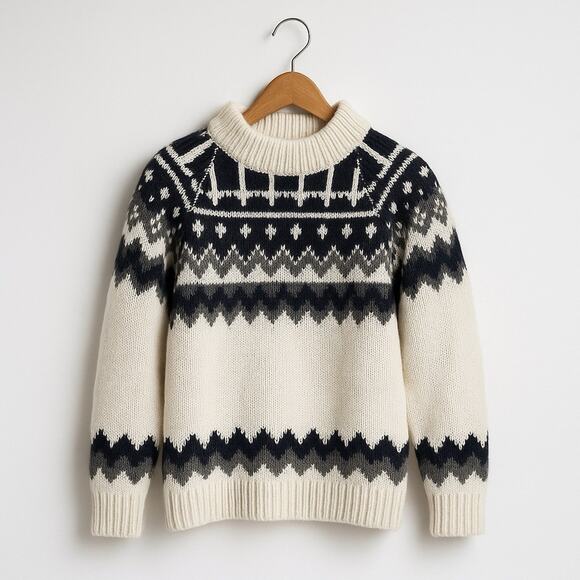 Barbour Wool Sweater 14 Cream Navy Fair Isle Nordic Chunky Mockneck Pullover - Picture 1 of 12